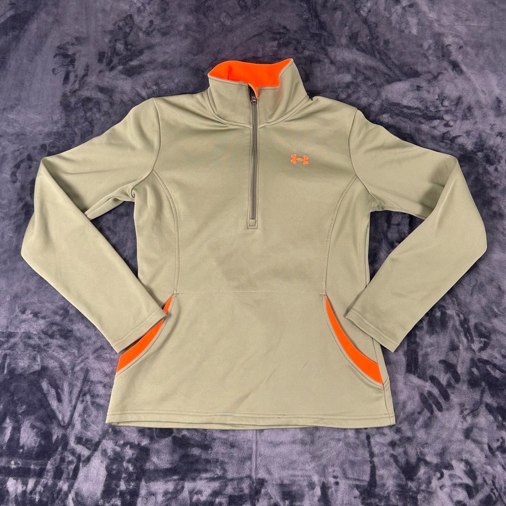 Under Armour 1/4 Zip Pullover Womens Small Olive Green‎ Orange Fleece 3309